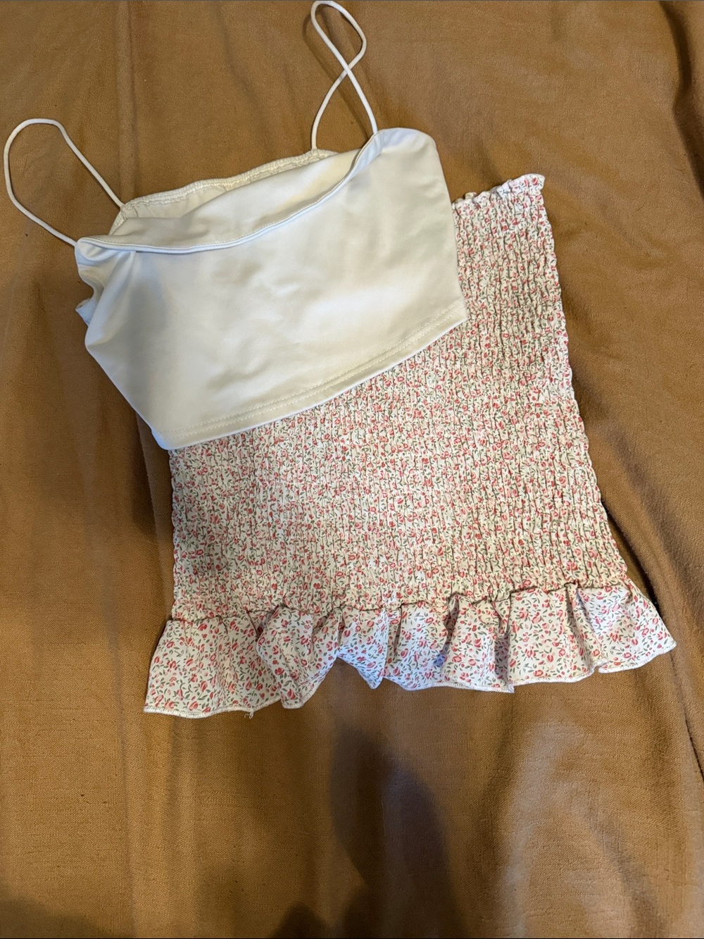 White Spaghetti-Strap Crop Top with Pink Floral Smocked Skirt Set